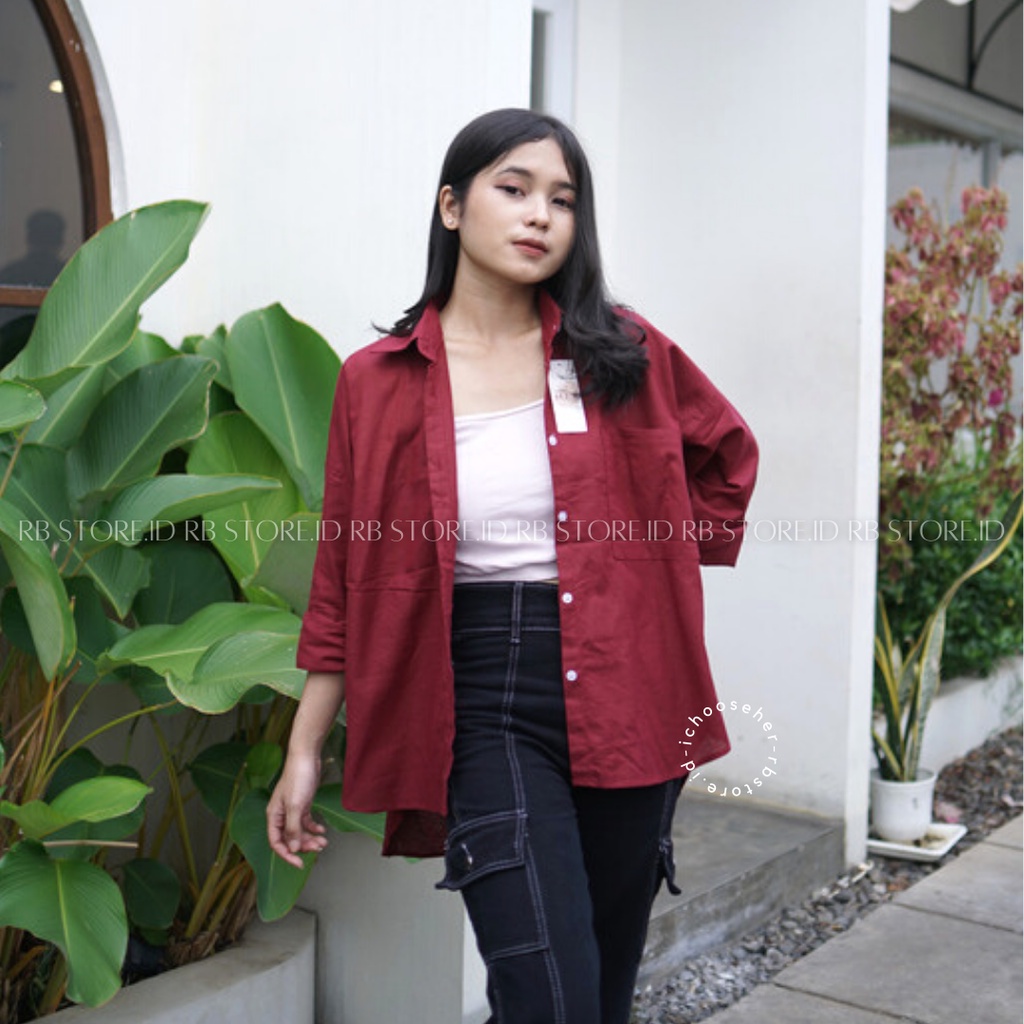 Kemeja Wanita Linen Oversize Olivia Shirt Linen Pocket-OLIVIA MAROON