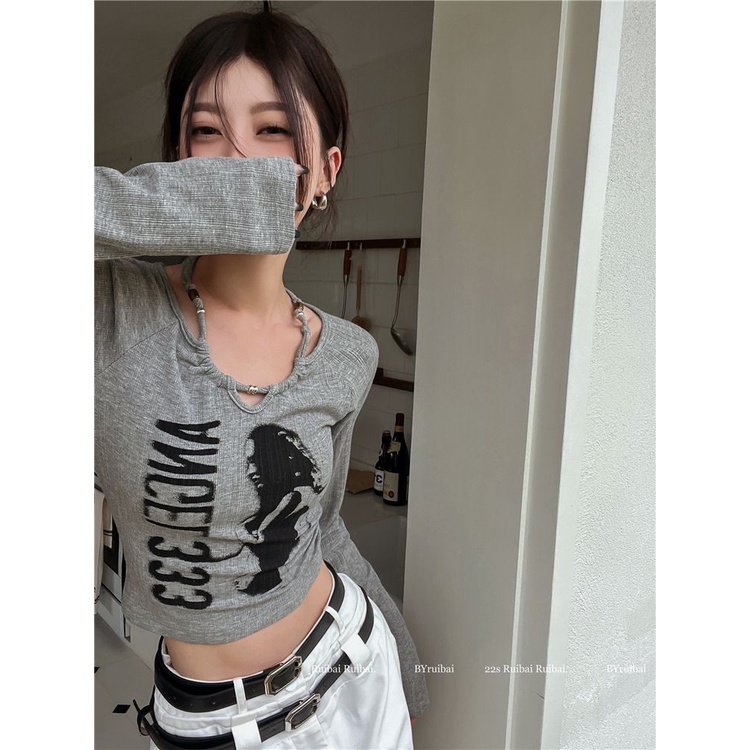 Red Sweet hot girl short top women s new early autumn design sense niche American unique slim long-sleeve t-shirt ins