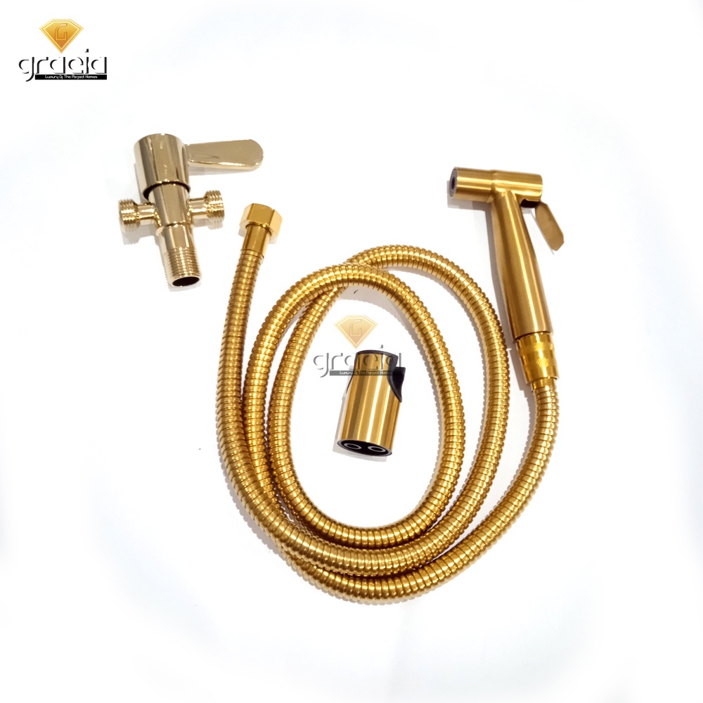 1 Set Shower Jet Washer Gold Stainless SUS 304 Bidet Cebok Kloset Closet WC Kamar Mandi + Stop Kran Double Cabang 2 Sambungan Selang 1/2 inch