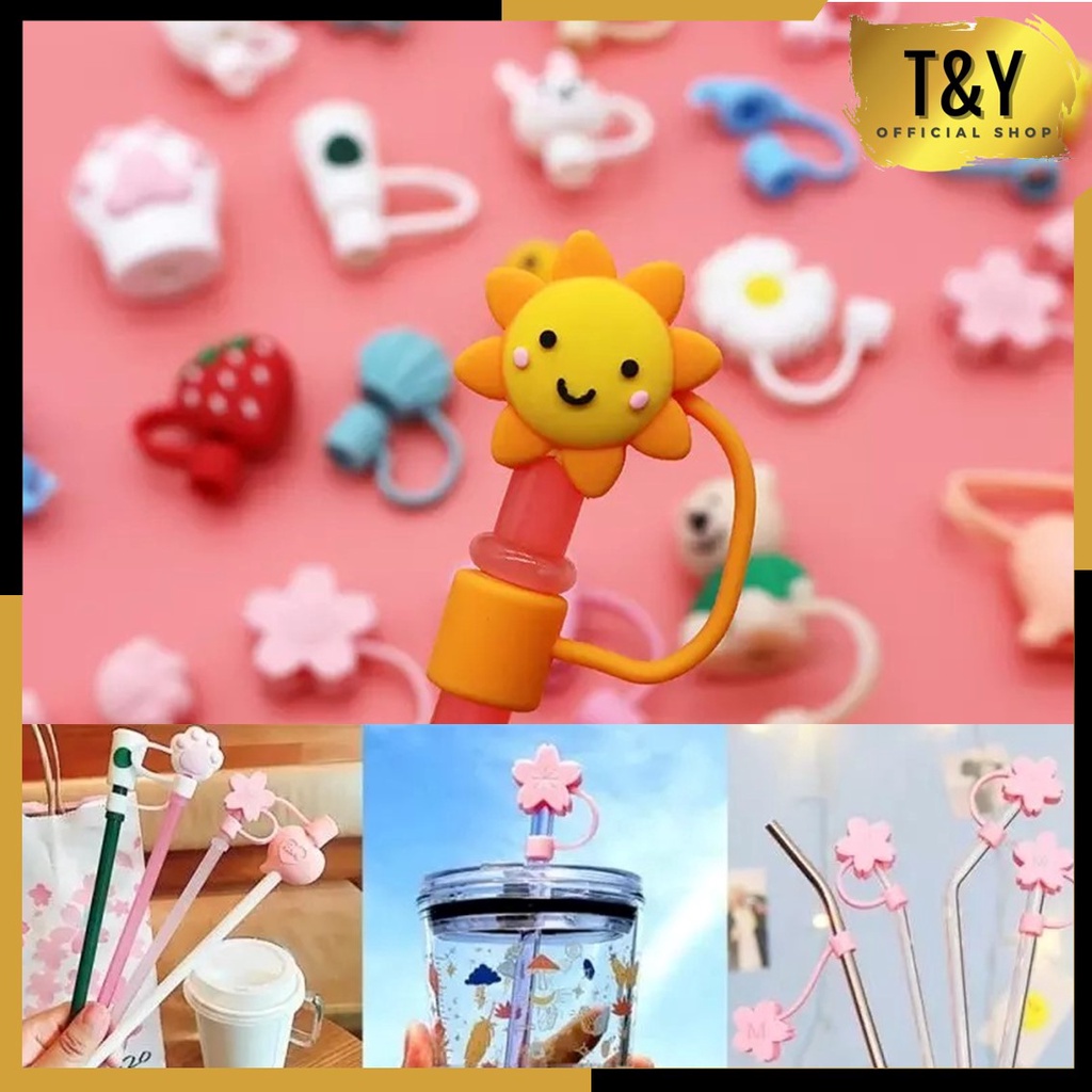 T&amp;Y Penutup Sedotan Karakter Lucu Bahan Silikon Tutup Sedotan Anti Debu Warna Warni Straw Cover Imut Melindungi dari Debu dan Droplets