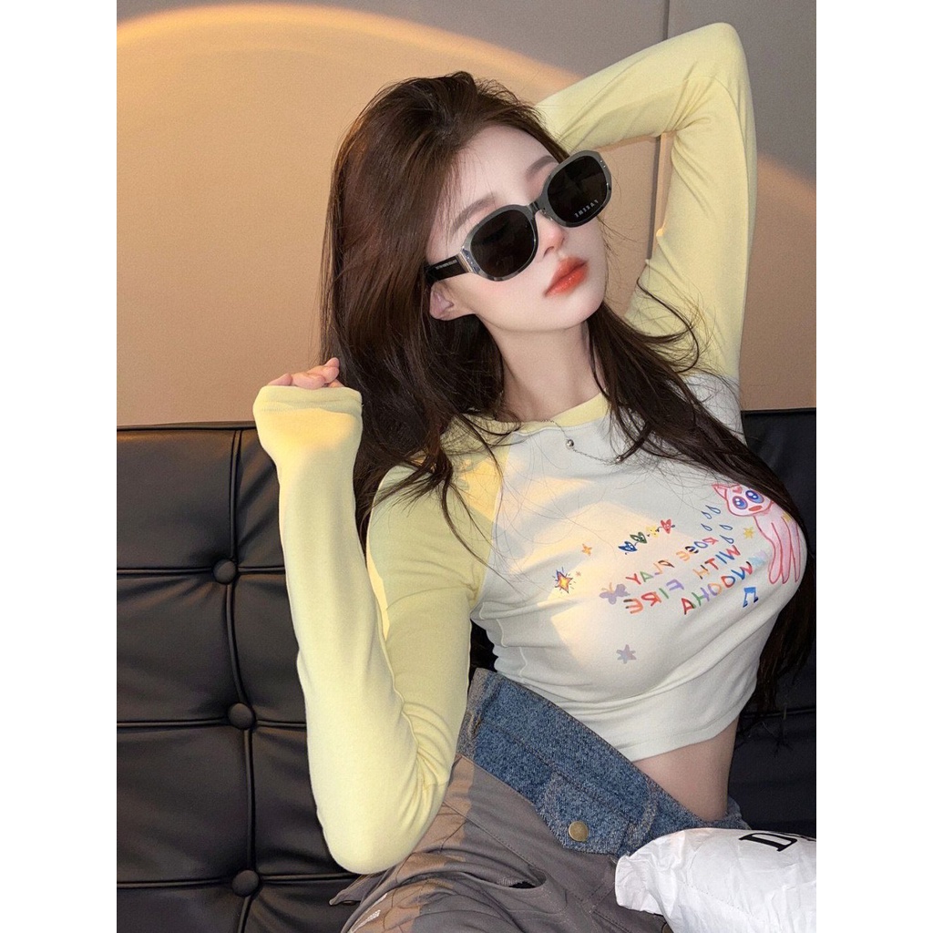 Red Warna kontras manis dan murni bernafsu musim gugur lengan panjang atasan wanita versi Korea dari kemeja bottoming t-shirt ramping dan tipis dengan ins