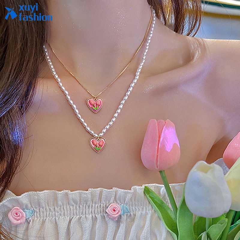 2pcs / Set Kalung Liontin Tulip Warna Pink Gaya Korea Untuk Wanita