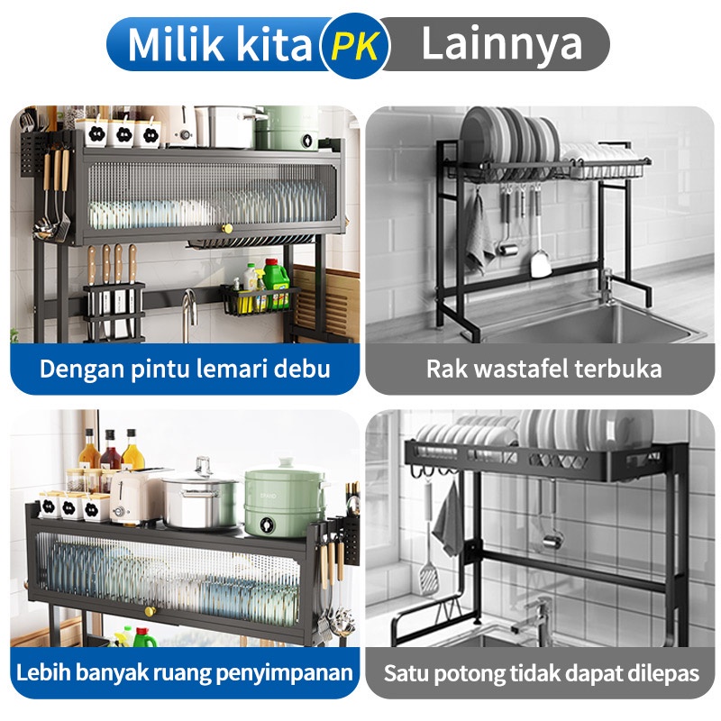 KAGK Rak Piring Wastafel Stainless Steel Rak Dapur Rak Cuci Piring Multi-fungsi Rak Sinki Dengan Pintu