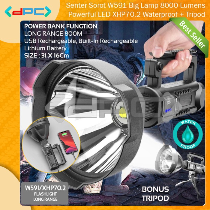 Senter Camping Senter Sorot W591 Xhp70.2 Big Lamp 8000 Lumens Led Waterproof + Tripod