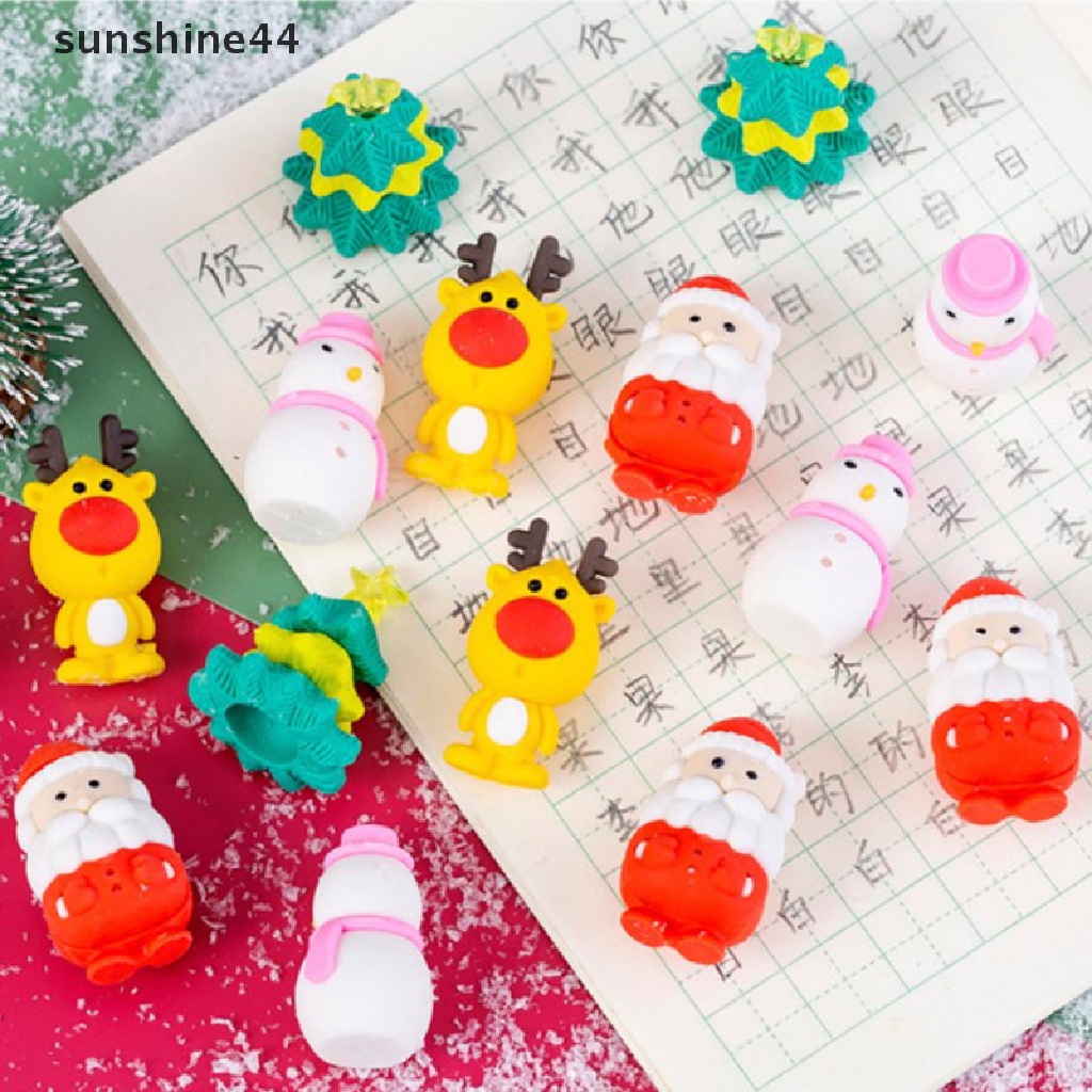 Sunshine 4pcs / Set Penghapus Pensil Motif Santa Claus Natal Untuk Stationery Anak / Sekolah / Kantor