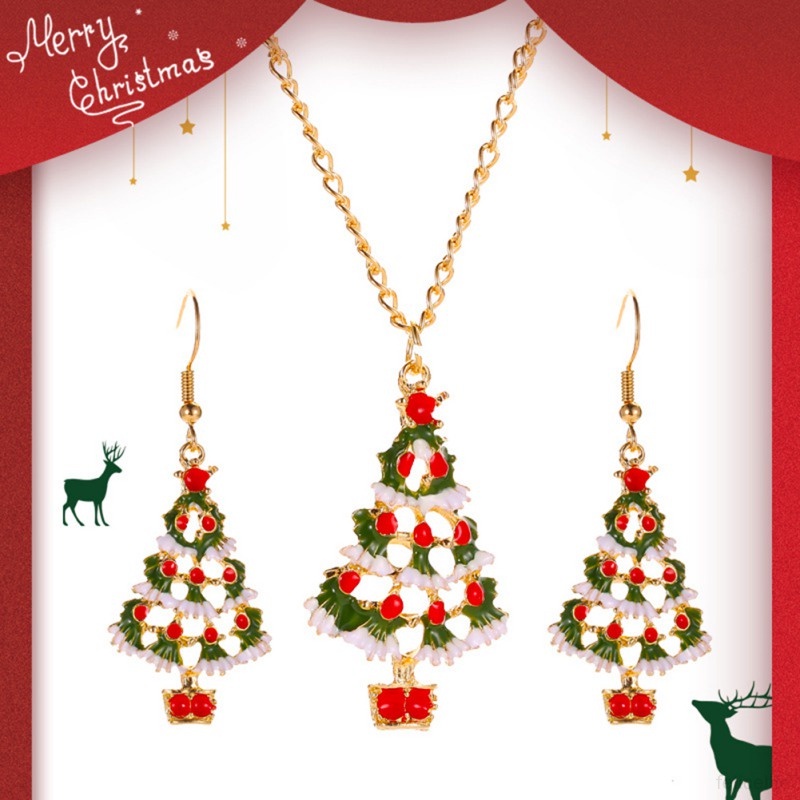 Set Kalung Anting Desain Kartun Pohon Natal Warna-Warni