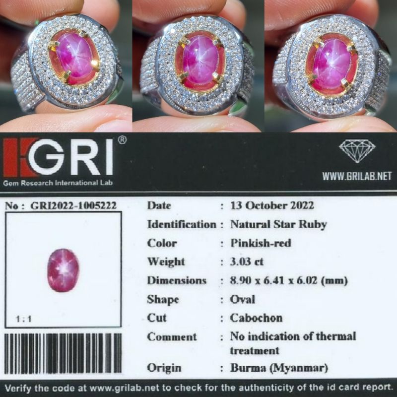 natural NTE 3.03 cts ruby star burma ring perak microsetting memo GRI lab