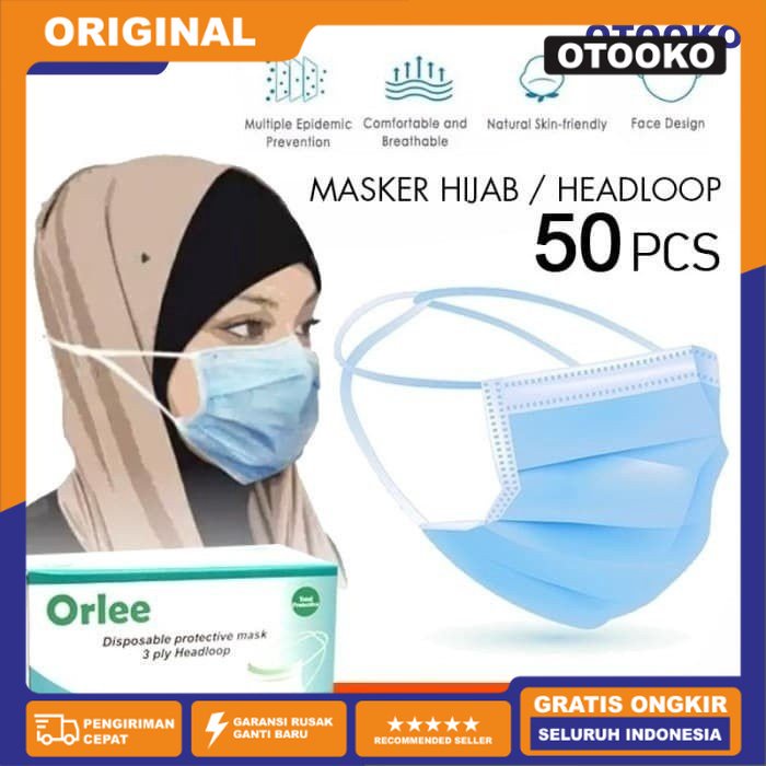 Masker Headloop Hijab 3 Ply 3Ply Kepala Kemenkes ORLEE Biru Blue 50pcs