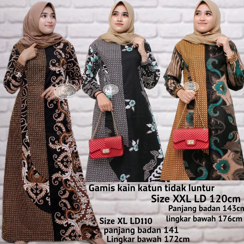 Gamis kombinasi batik  Katun Terbaru size jumbo model terbaru Shalimar Gamis jumbo XL XXL ld 110 LD1