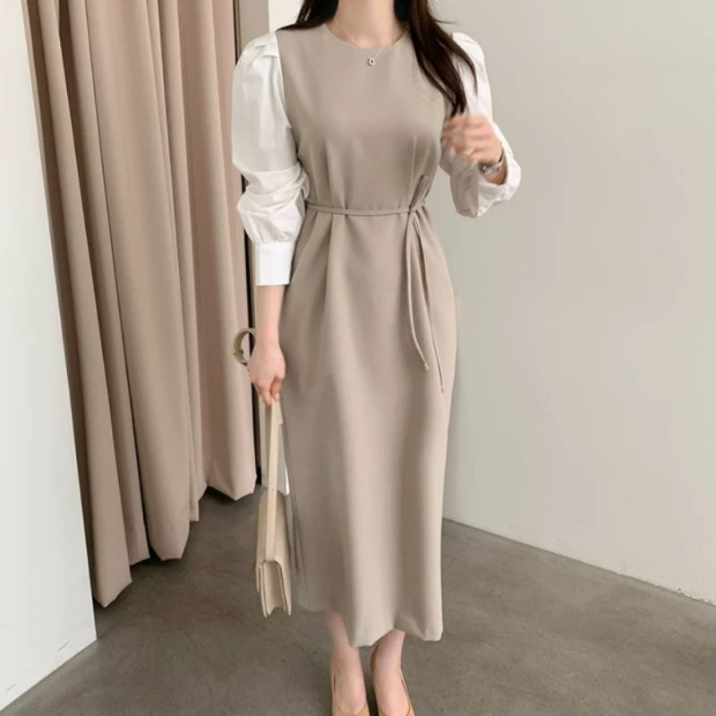 62500 Fashion baju  Midi dress lengan panjang polos mocca hitam santai pantai pesta luaran hijab fri