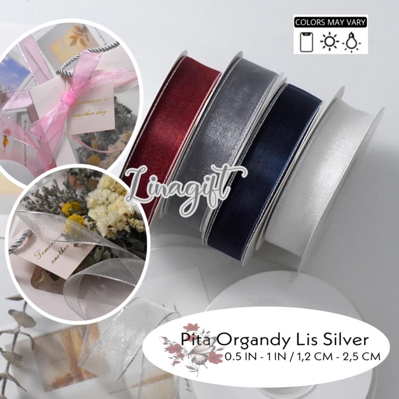 ( 3 Meter ) PITA ORGANDY LIST SILVER - PITA ORGANDI LIS PERAK 1 IN 2.5CM 1 INCH 25MM - HIASAN DEKORASI KADO / PARSEL PARCEL SOUVENIR GOODIE BAG HAMPERS FLORIST RANGKAIAN BUKET BUNGA - ORGANZA CHIFFON TRANSLUCENT SILK SHEER RIBBON