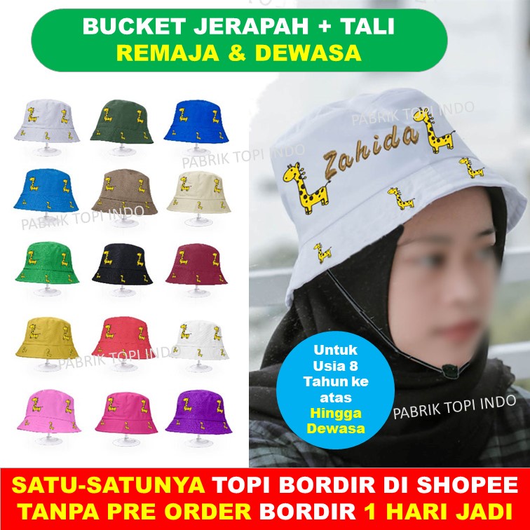 TOPI BUCKET JERAPAH SABLON PAKAI TALI GRATIS BORDIR NAMA UNTUK USIA 7 TAHUN KE ATAS