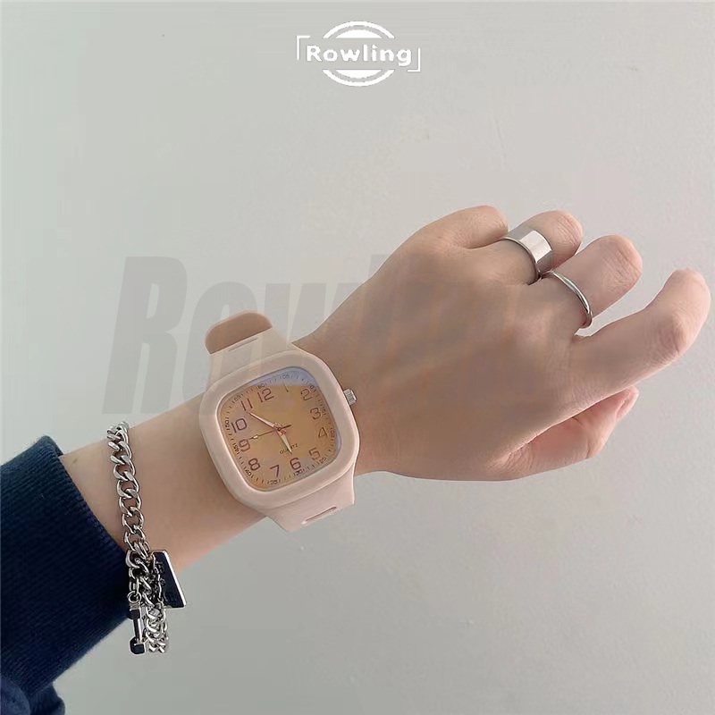 Rowling (Jam-68) Jam Tangan Rubber Quartz Kotak Besar Wanita Dan Pria Fashion Gaya Korea Unisex Import