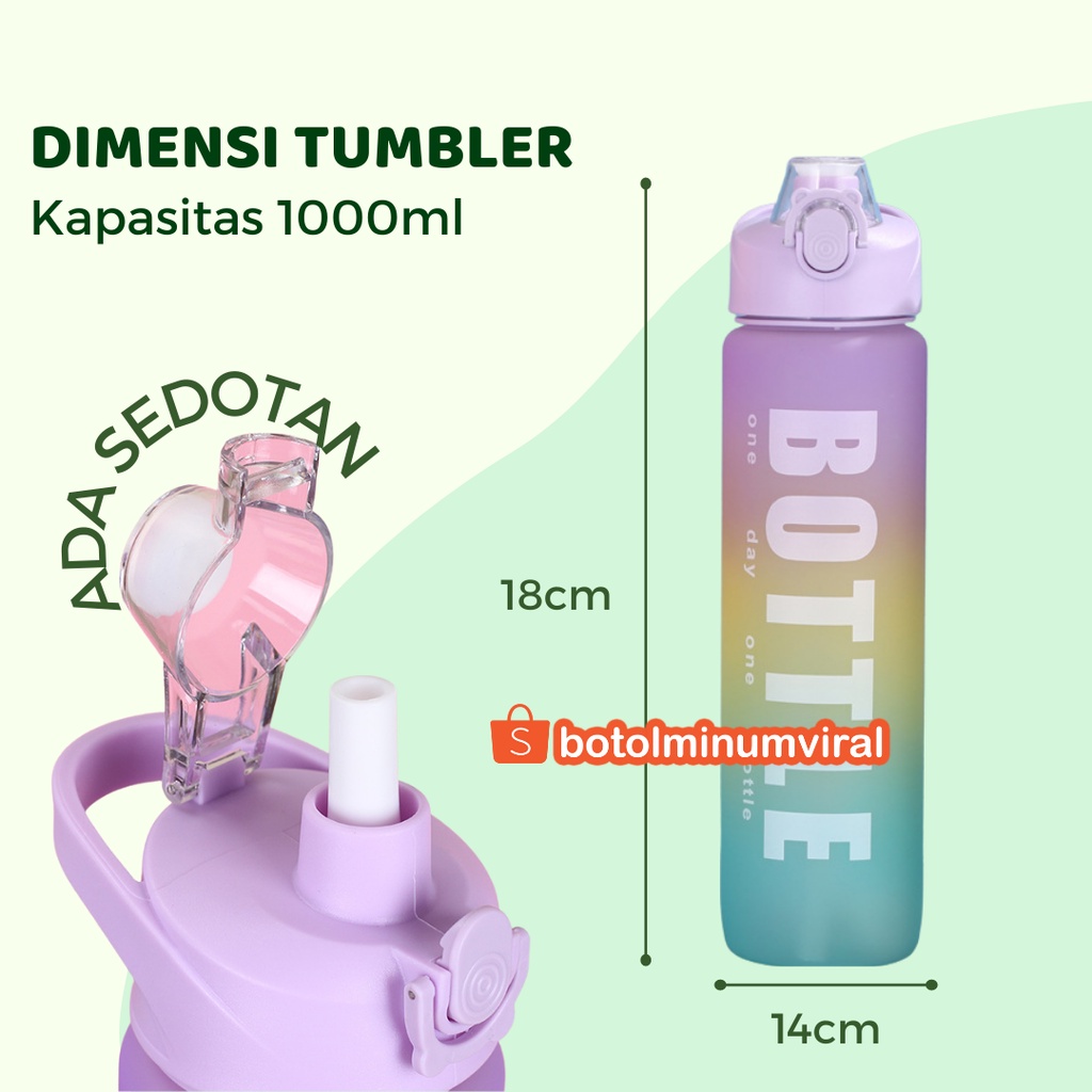 Botol Minum Viral Gradasi Korea 1 Liter Free Stiker BPA FREE Tebal Premium Ada Strap