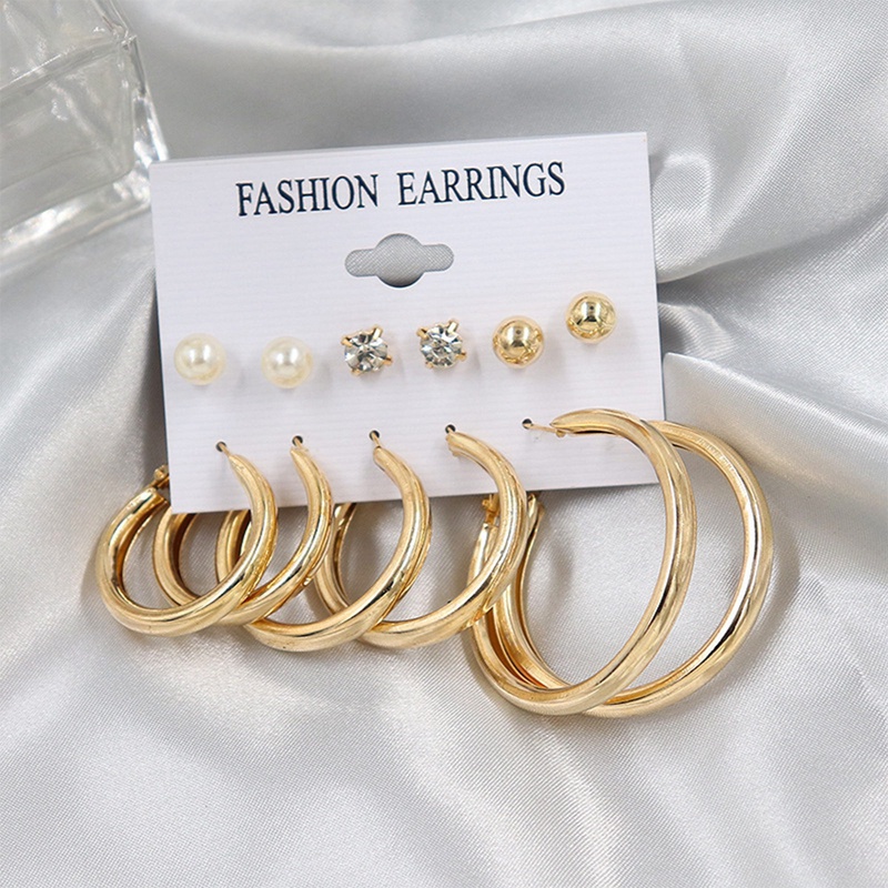 Fancyqube 6 Pasang / Set Anting Bulat Besar Warna Emas Hias Mutiara Kristal Berlian Imitasi