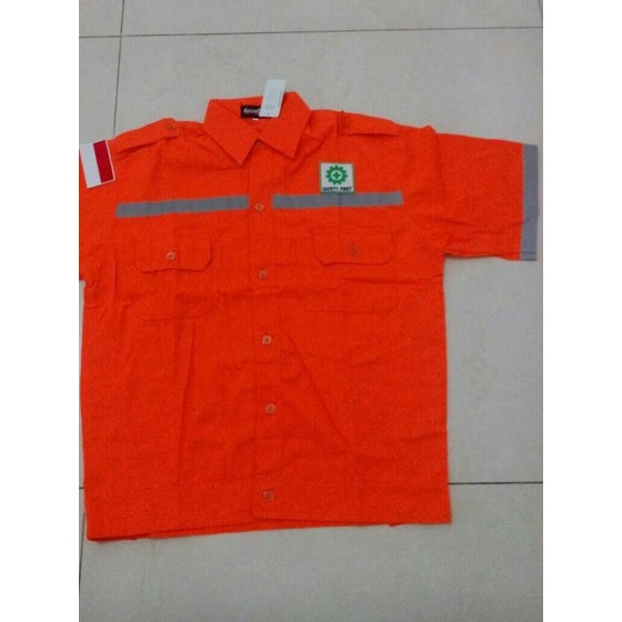 baju kerja safety lengan pendek + logo k3 & merah putih