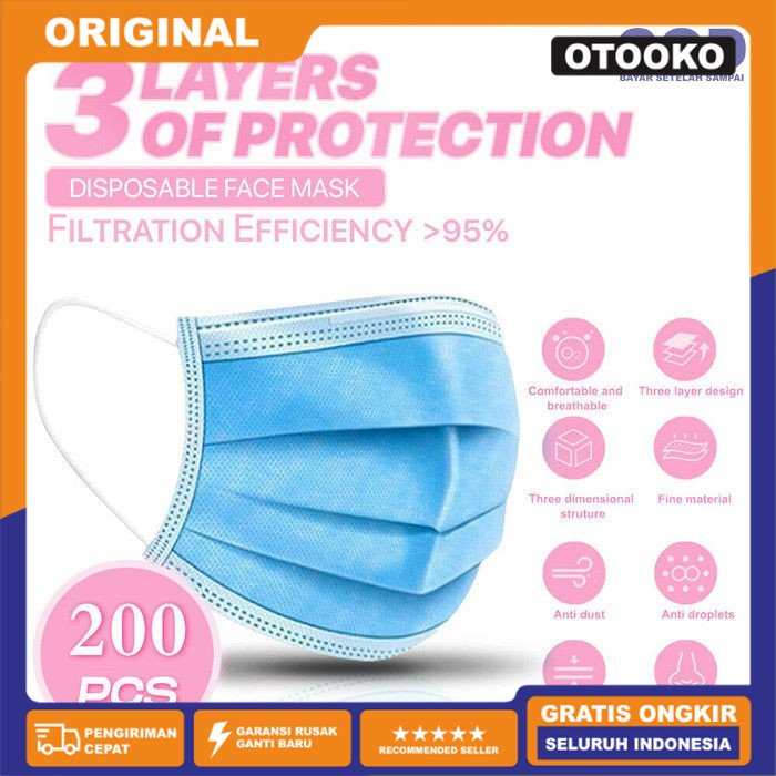 Masker 3 Ply 3Ply isi 4 Box isi 200 Pcs Earloop 3 lapis Face Mask Dus