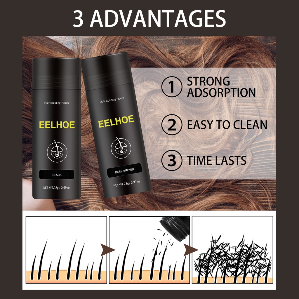 EELHOE Hair Building Fibers 28Gr for Men and Women- Serbuk Penebal Rambut Tipis (Hitam / Dark Brown)