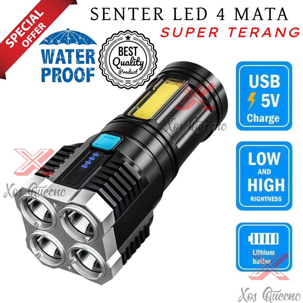 [XOQ] SENTER LED PORTABLE 4 MATA + COB LIGHT / SENTER 4 MODE JARAK JAUH SUPER TERANG / SENTER LED ANTI AIR