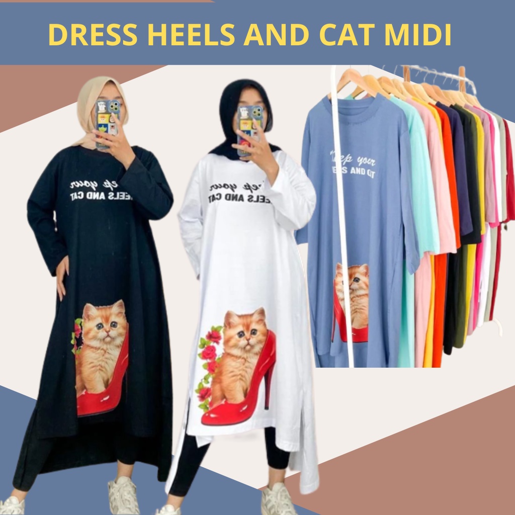 Gamis Simple Remaja Heels And Cat Midi Dress Size S M L XL XXL XXXL LD 90-130 CM Bahan Kaos Ktun Com