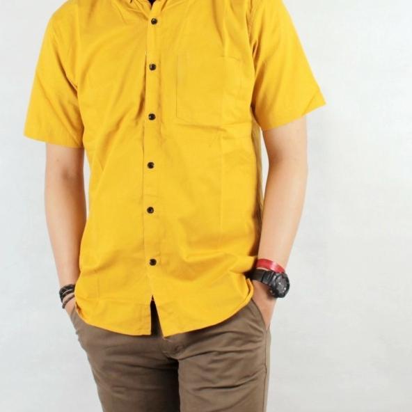 baju kemeja pria lengan pendek kuning polos premium - Abu-abu, S