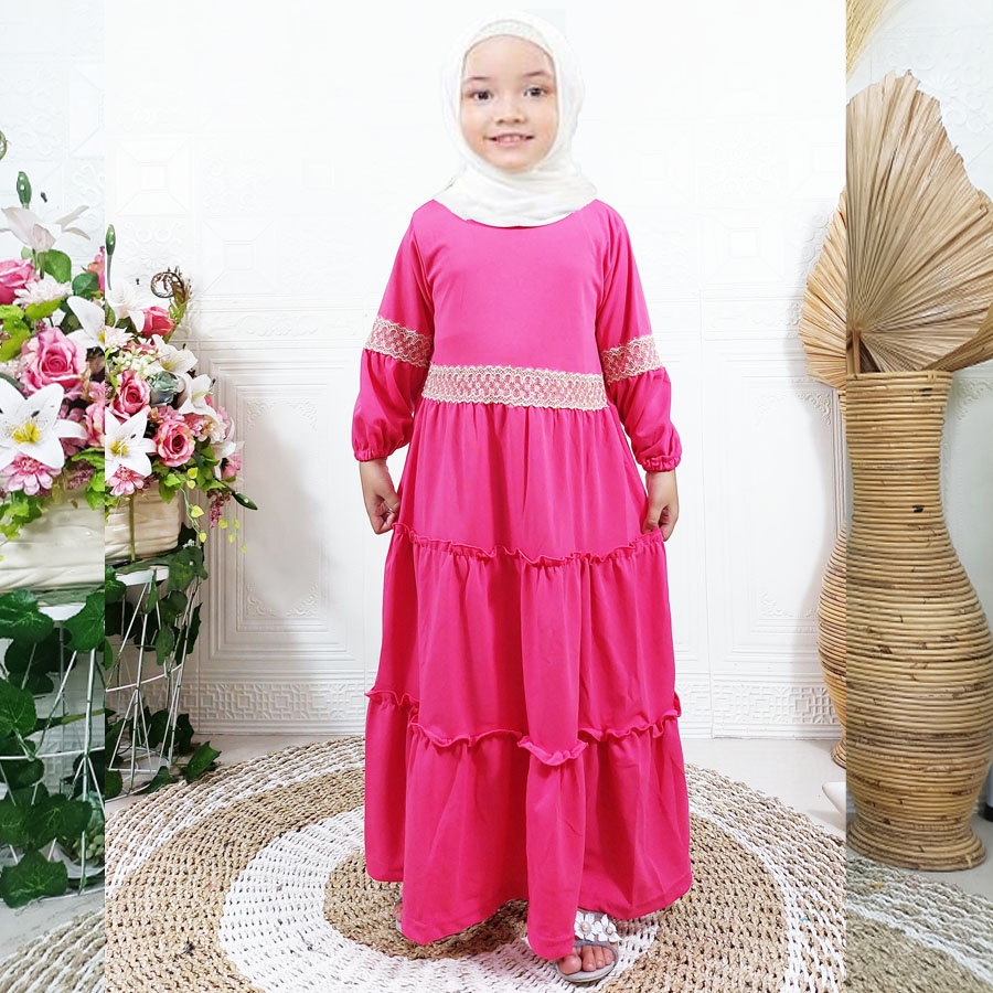 CARLINA MAHIRA ANAK MUSLIMAH DRESS 3 SUSUN RENDA PINGGANG LENGAN BALON 2-13tahun