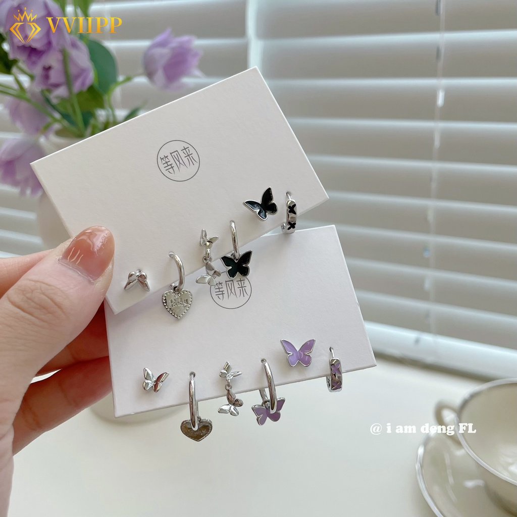 Set Anting Stud Desain Bunga Kupu-Kupu Hati Warna-Warni Bahan Resin Untuk Wanita