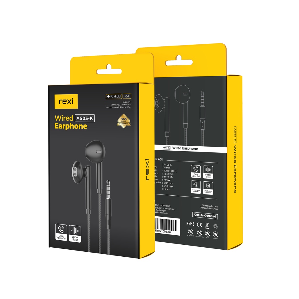 Rexi Wired Earphone Super Bass Headset AS03-K Hitam Putih