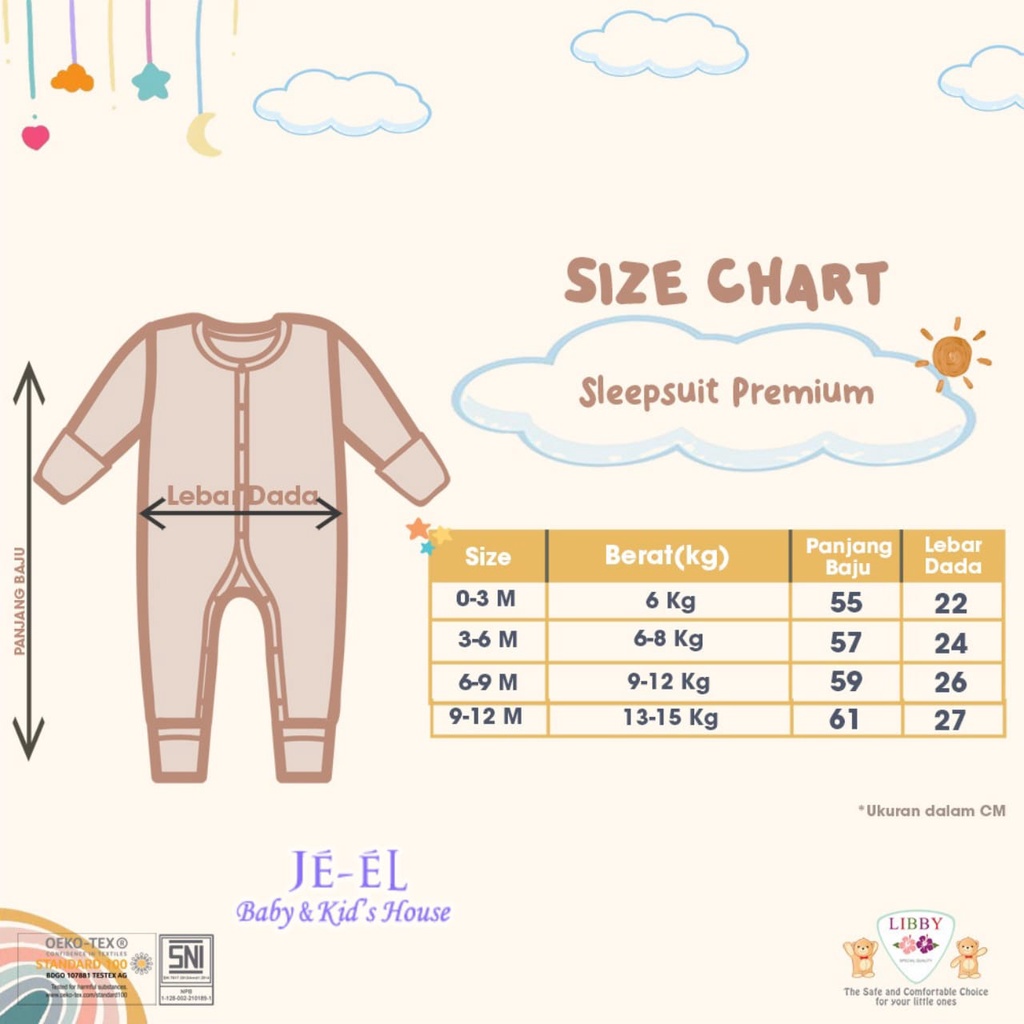 Libby Baby Premium Sleep Suit 0-3 , 3-6 ,  6-9 bulan