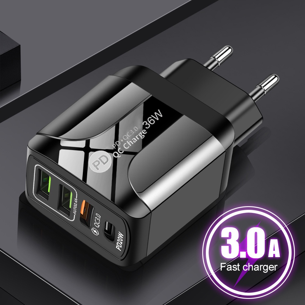 Adapter Charger Handphone Android Tipe-C QC3.0 + PD 4-port 36W 5V / 9V / 12V Untuk Travel