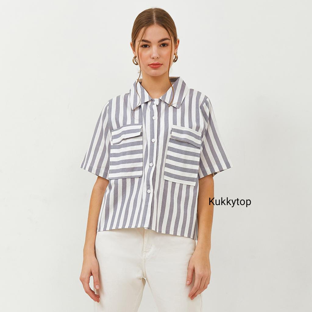 Kukky Top Kemeja Katun Salur Summer Shirt Baju Atasan Wanita Korean Style Fashion Muslim 12675