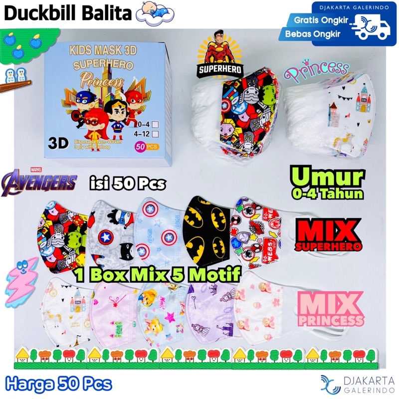 Masker Duckbill Balita Super Hero Princess Avengers - Masker Bayi - Masker Balita - Duckbill Bayi - Duckbill Balita 3Ply isi 50Pcs