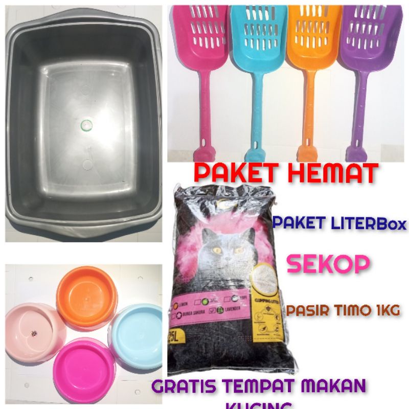 PAKET BAK PASIR + Sekop + 1KG Pasir Gumpal Wangi BENTONITE TIMO,TOP,TOTO GRATIS TEMPAT MAKAN KUCING + MINYAK IKAN VITAMIN OMEGA 10 BUTIR