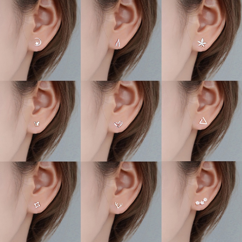 Roselife Anting Tusuk Silver S925 Gaya Korea Bentuk Geometri Clover / Hati / Bulan / Bintang / Butterfly Untuk Wanita