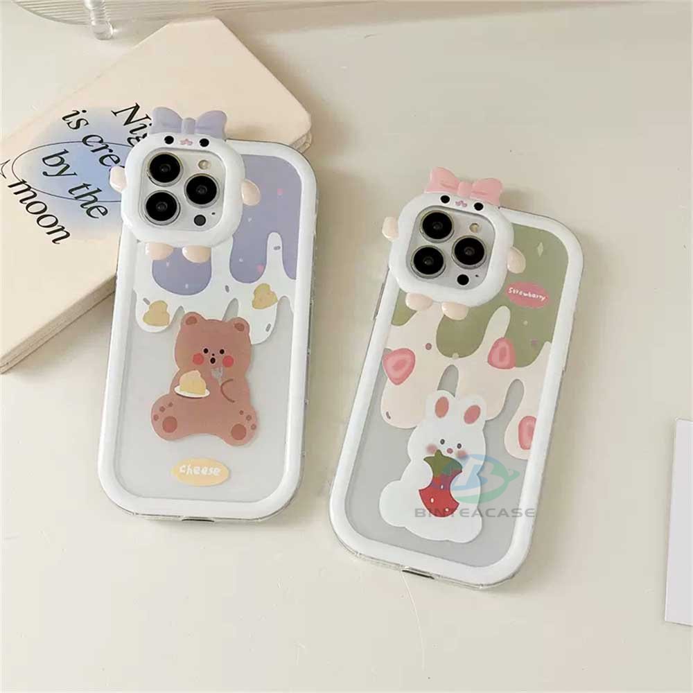 Casing IPhone 14 Pro Max 13 Pro Max 11 12 X XR XS 6 6S 7 8 Plus Motif Keju Beruang Dan Strawberry