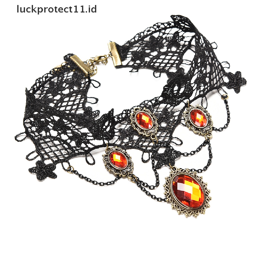 Kalung Choker Lace Hitam Aksen Kristal Merah Untuk Wanita