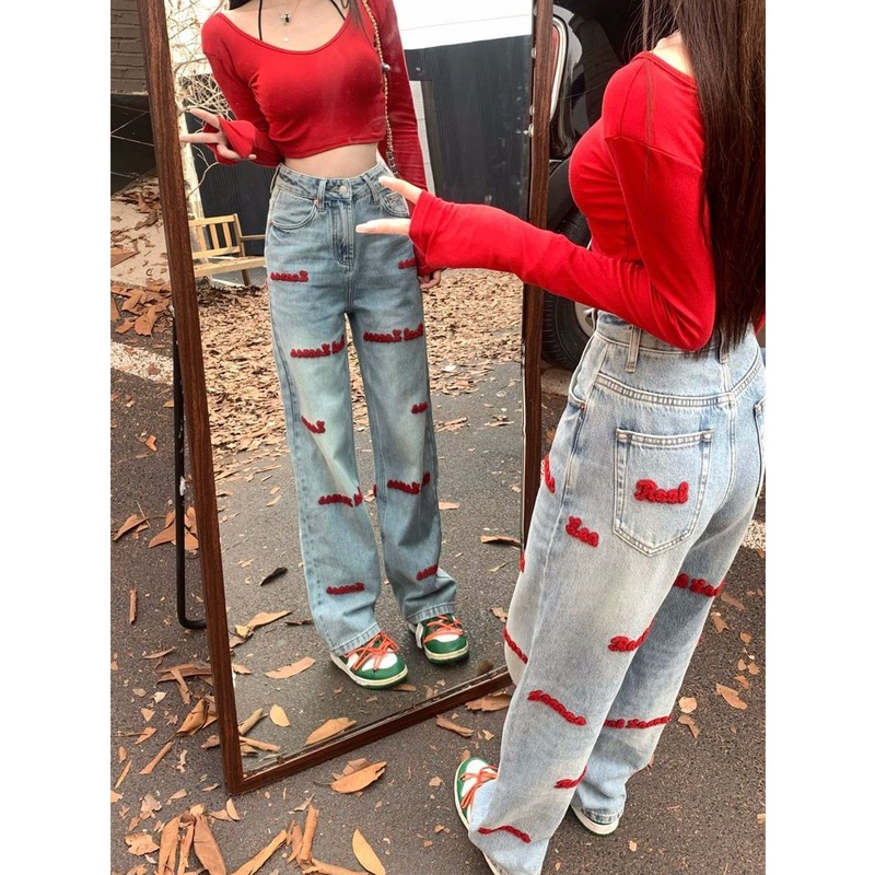 Suhao Amerika retro bordir jeans lurus perempuan hot gadis rasa desain ceruk longgar celana lebar pinggang tinggi kaki celana trendi