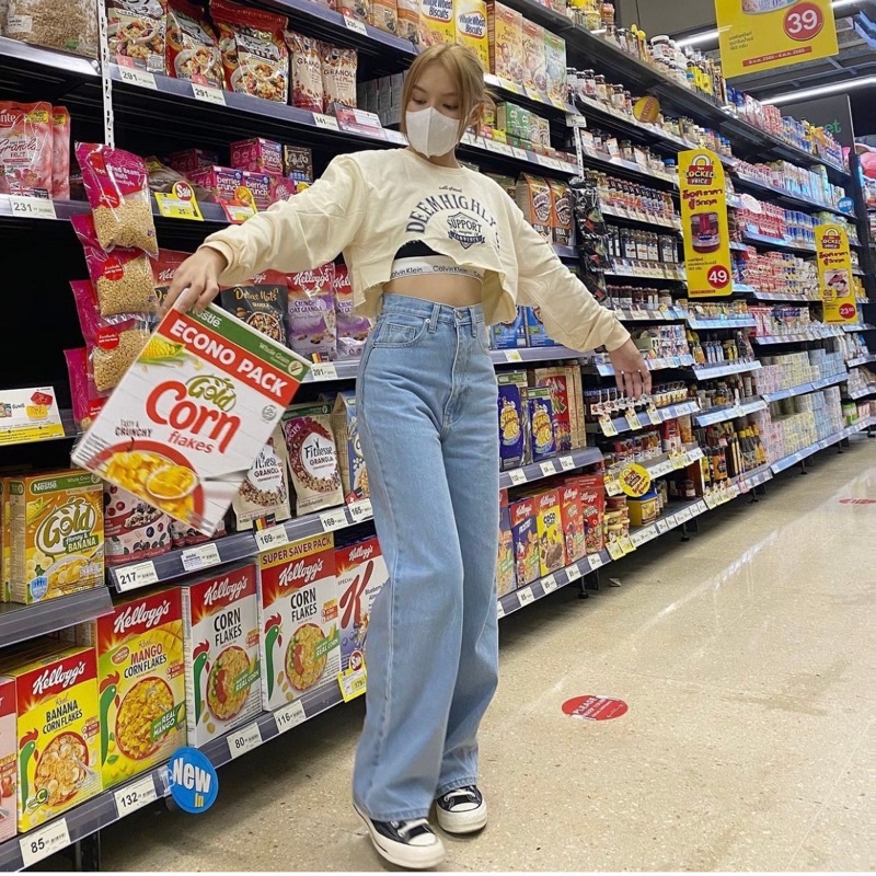 Boyfriend HW loose Highwaist medium ala bangkok korea jeans super long boyfriend jeans medium blue j