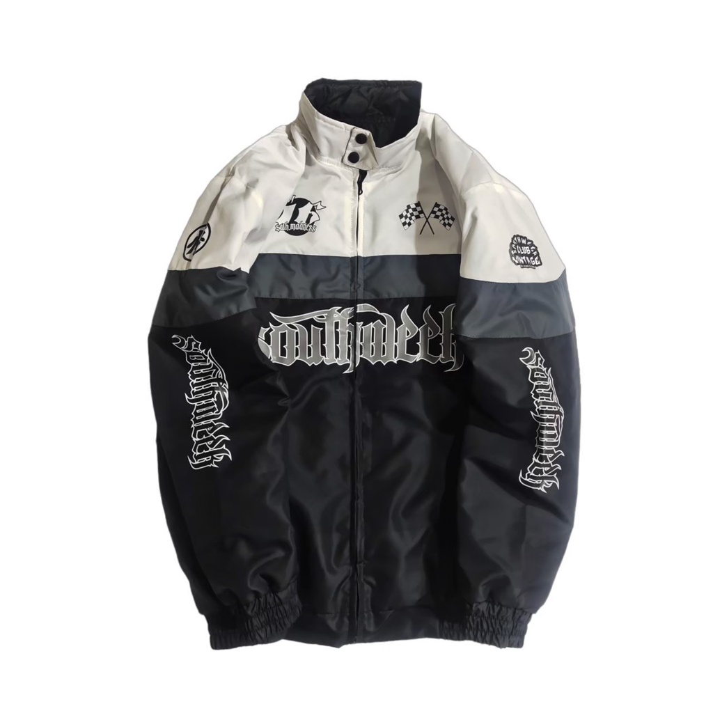 Southweek Jaket Pria Nascar Racing Vintage Sunmori Original Produk Parasut Hitam Putih Motif Sablon Bordir
