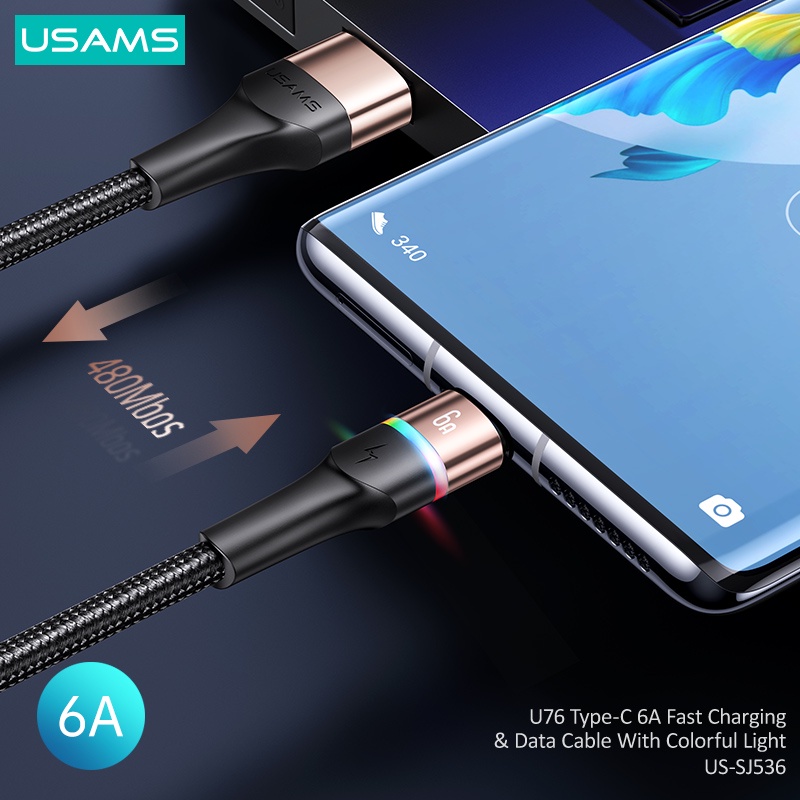 Kabel Data USAMS U76 Type-C 6A SUPER VOOC oppo, SUPER DART realme, FLASH CHARGE vivo.