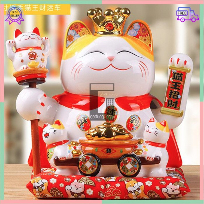 Patung Pajangan Boneka Dekorasi Hiasan Kucing Bawa Panggil Rejeki Rezeki Hoki Maneki Neko Maneko Neki ManekiNeko Lucky Cat Keberuntungan Keramik Tangan Goyang Gerak Meja Kasir Toko Restauran Cina China Jepang XL Jumbo Besar Listrik Baterai Batrai Batre