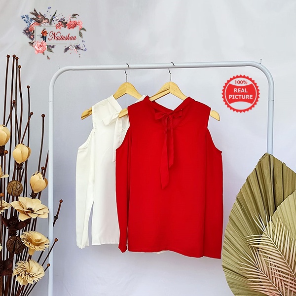 Blouse Selina Cold Shoulder Aplikasi Tali Bagian Leher Bahan Wolly Crepe Atasan Wanita Lengan Panjang Top Remaja Kekinian