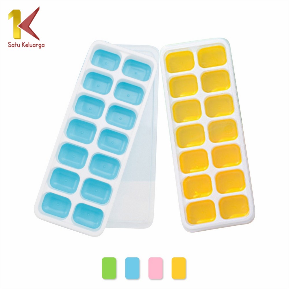 Satu Keluarga Cetakan Es Batu C532 Ice Cube Tray 14 Slot Dengan Tutup Bentuk Kotak Bahan Silikon Ser