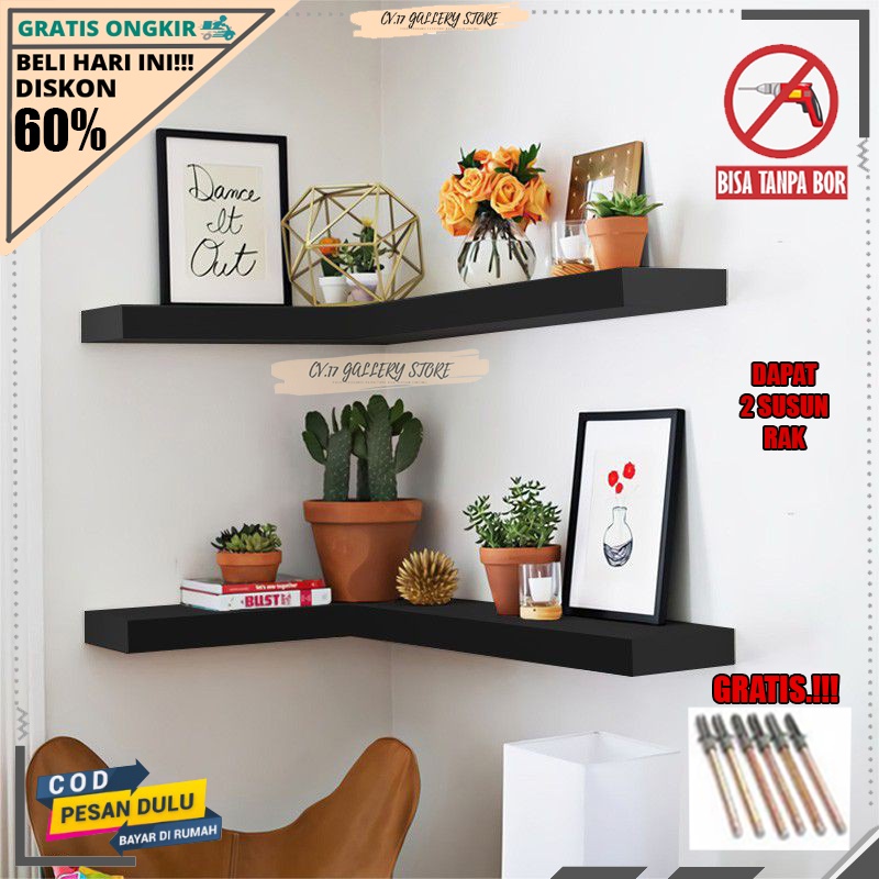 Rak Papan Ambalan Hambalan Hiasan Floating Shelves Melayang Siku Sudut Gantung L Layang  Tempat penyimpanan Buku Bunga make up Makeup Bumbu Dapur Dekorasi Dinding Dingding Tempel Ruang Tamu Kamar Tidur Kayu Susun Serbaguna Minimalis Putih Tanpa Bor Murah