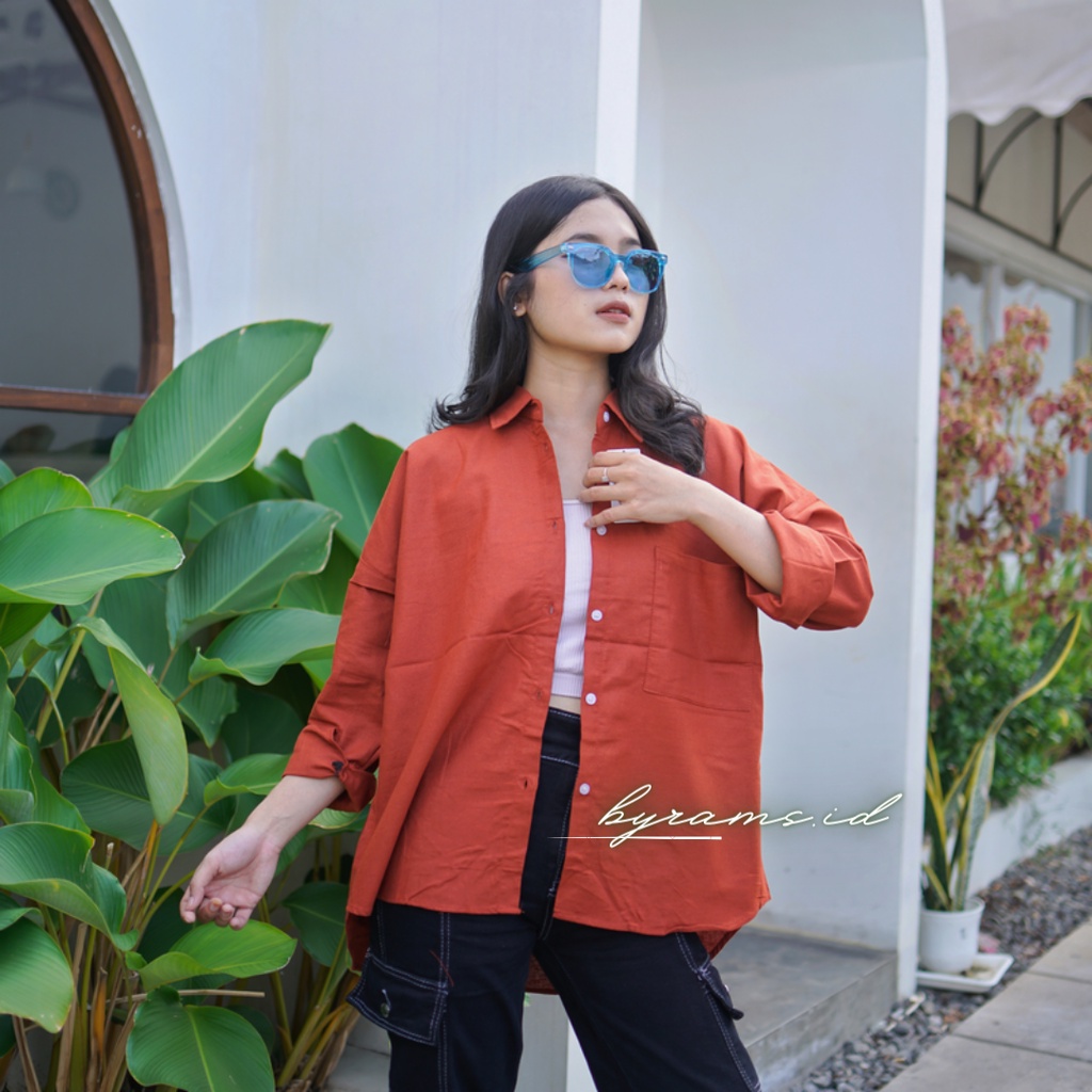 Kemeja Wanita Oversize Linen Olivia Shirt Linen Pocket Oversize-TERACOTTA