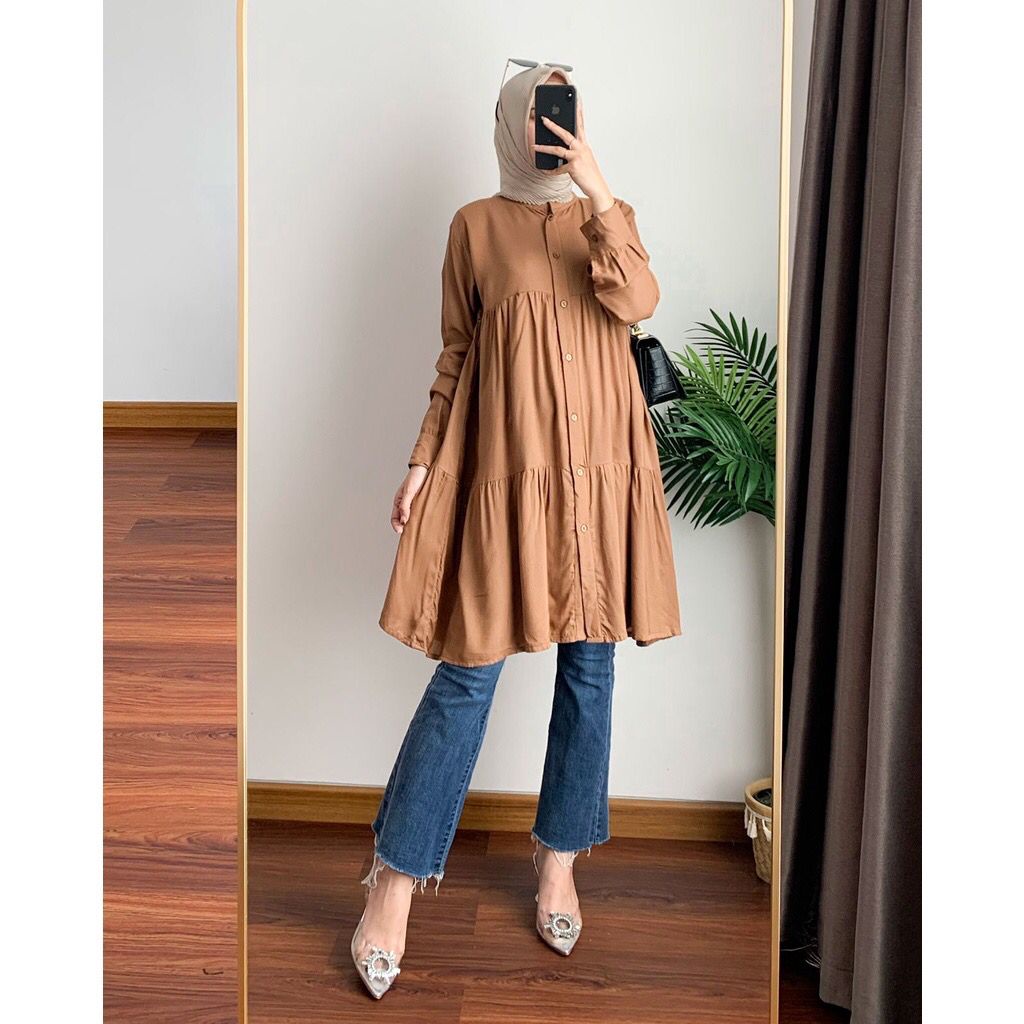 Popi Tunik - Atasan Wanita Busui Full Kancing - Bahan Rayon Adem Jatuh - Tunik Terbaru Termurah/ oot