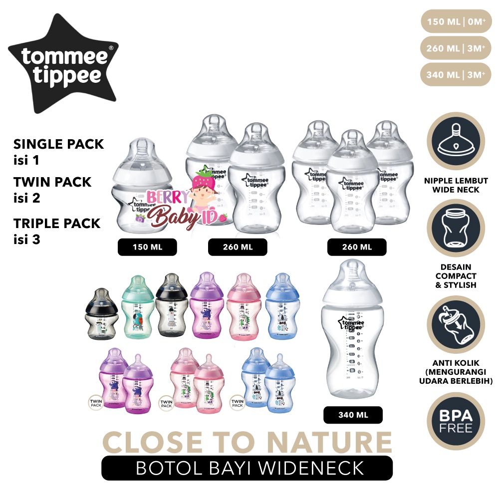 Tommee Tippee Closer to Nature Single Twin Triple Pack Botol Susu Bayi Berry Mart