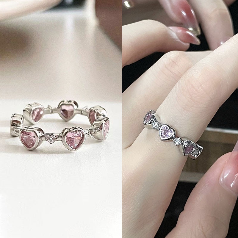 Cincin Model Terbuka Desain Geometris Hati Aksen Berlian Imitasi Gaya Jepang Korea Selatan