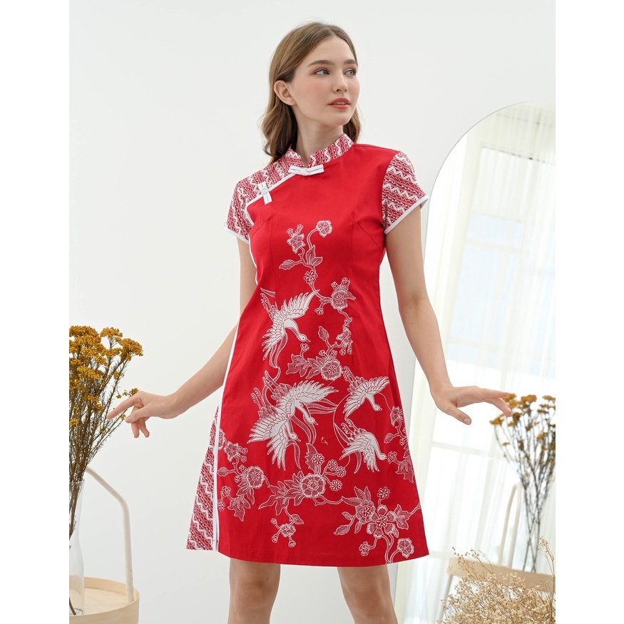 Dress Batik 183 UT/ Seragam Batik/ Cheongsam/ Cheongsam Batik/ Dress Merah/ Baju Imlek