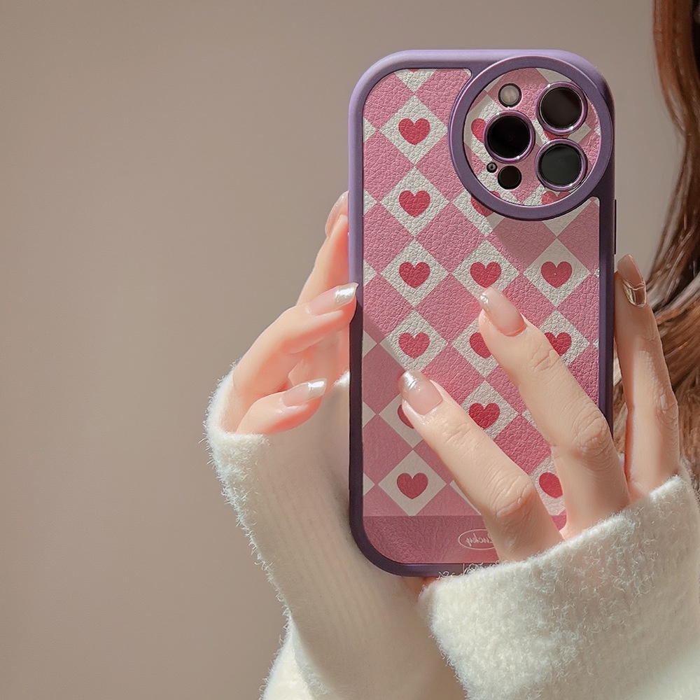 Soft Case Pelindung Penuh Bahan Kulit Motif Hati Kotak-Kotak 3D Untuk Iphone X XR XS 11 12 13 14 PLUS MINI PRO MAX SE